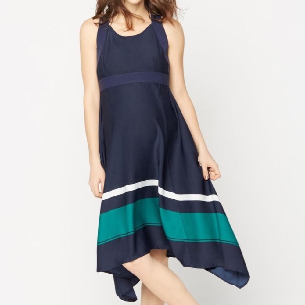 A Pea In The Pod Maternity Sleeveless Scoop Neck Hi-Lo Midi Silk Navy Blue Dress